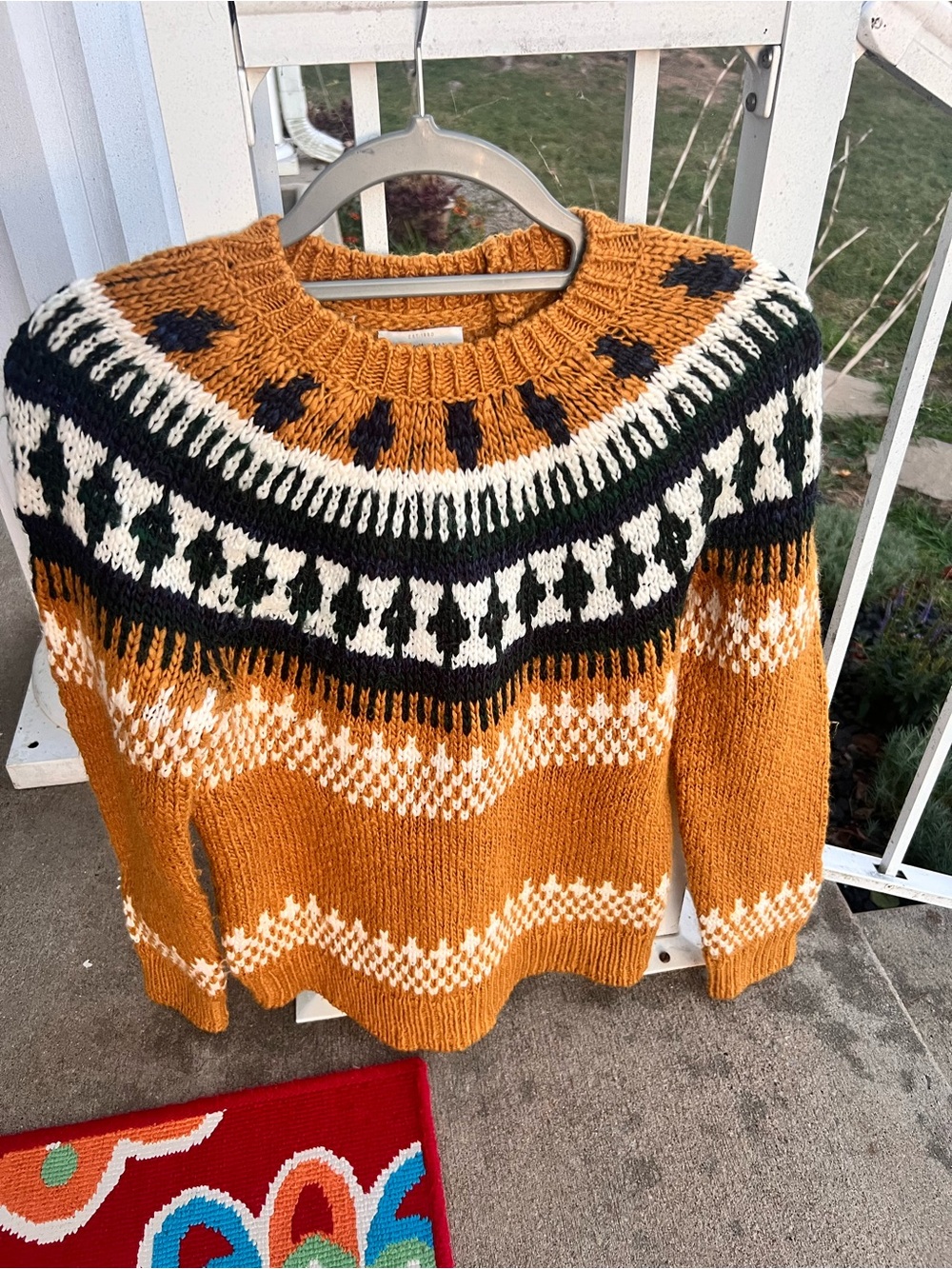 Lucky Brand Mustard Fair Isle Crew Sweater with Black and Cream Details